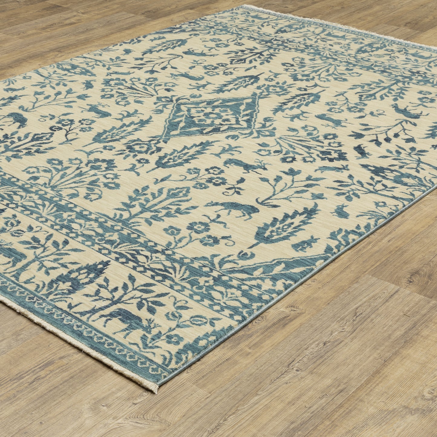 Francesca Floral Blue/ Ivory Oriental Cut Pile Rug