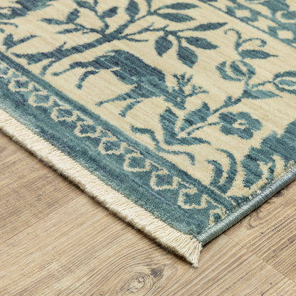 Francesca Floral Blue/ Ivory Oriental Cut Pile Rug