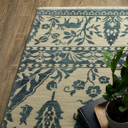 Francesca Floral Blue/ Ivory Oriental Cut Pile Rug