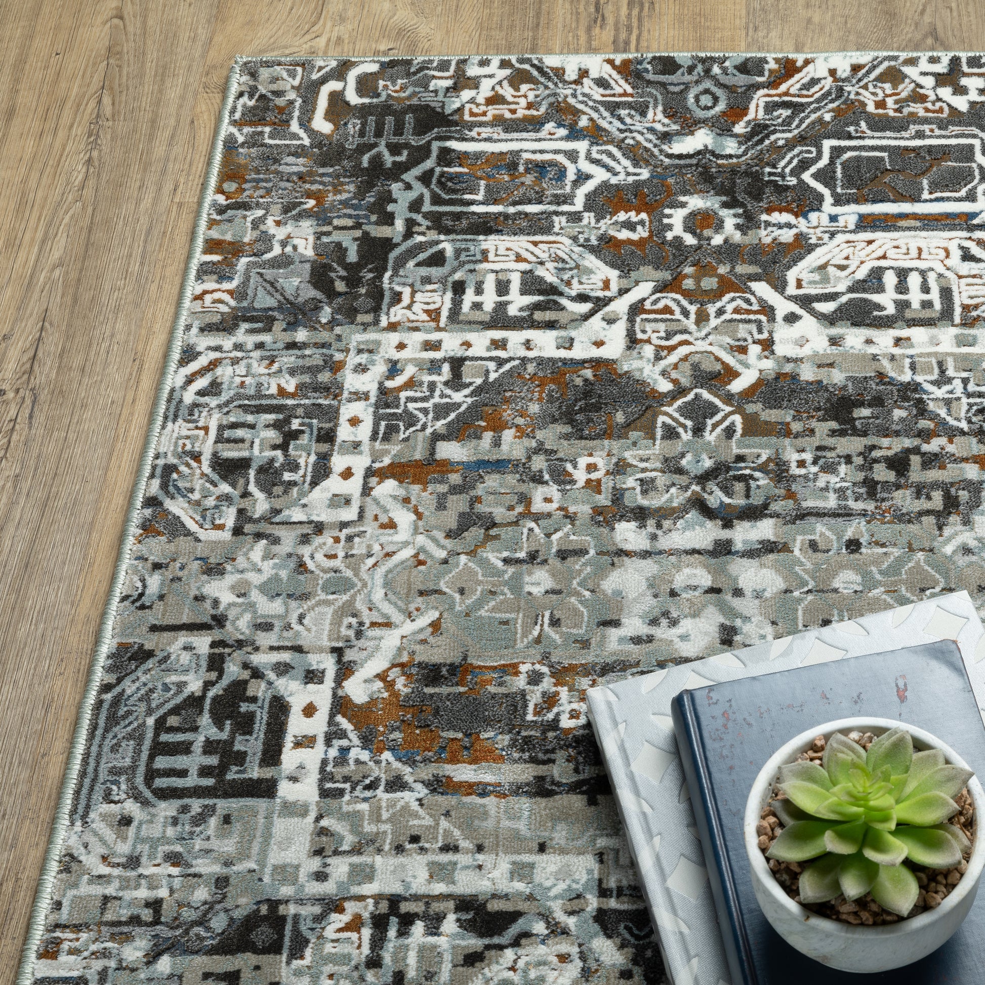 Gemini Distressed Charcoal/ Multi Medallion Cut Pile Rug