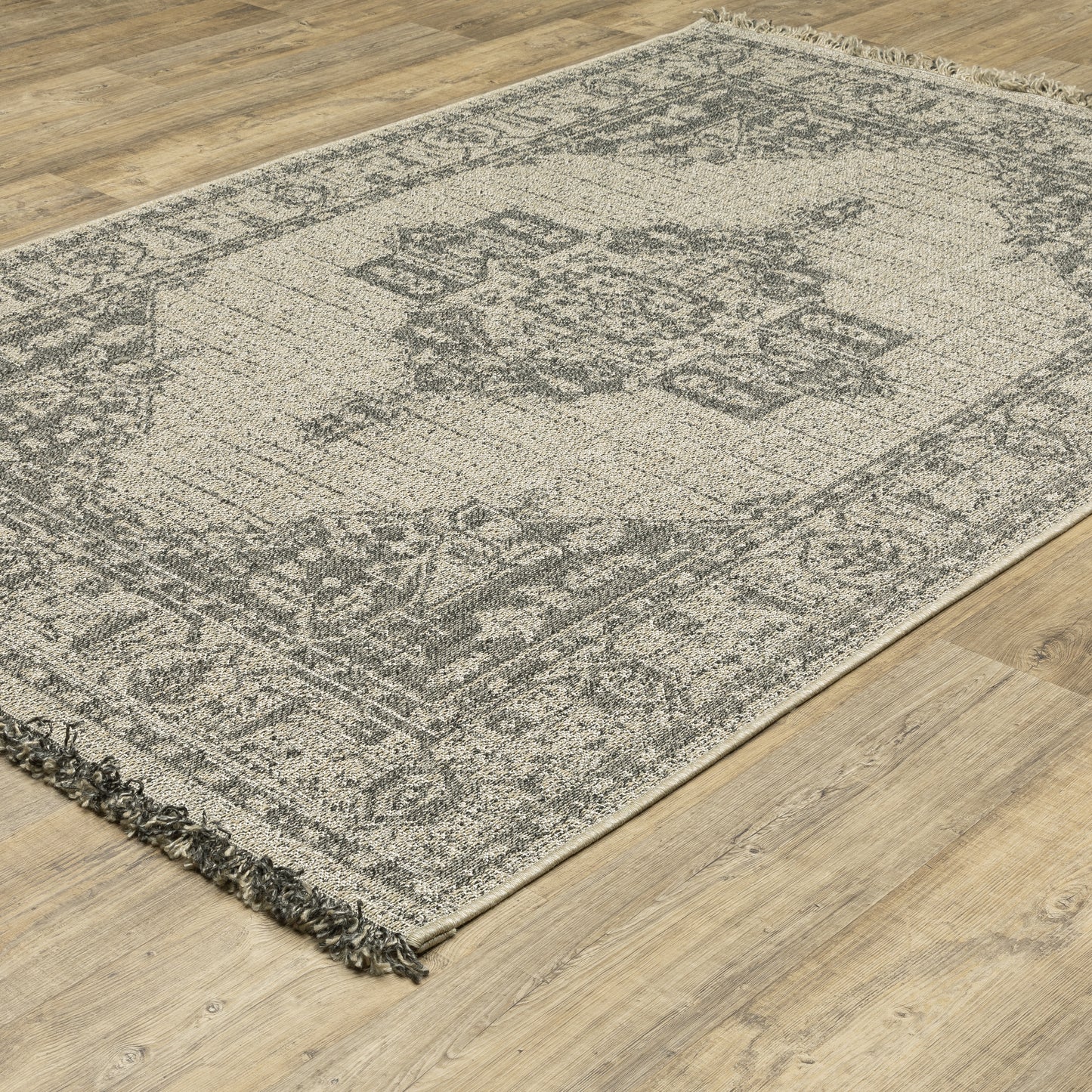 Gillian Medallion Beige/ Black Distressed Flat Weave Rug