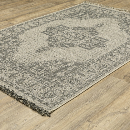 Gillian Medallion Beige/ Black Distressed Flat Weave Rug
