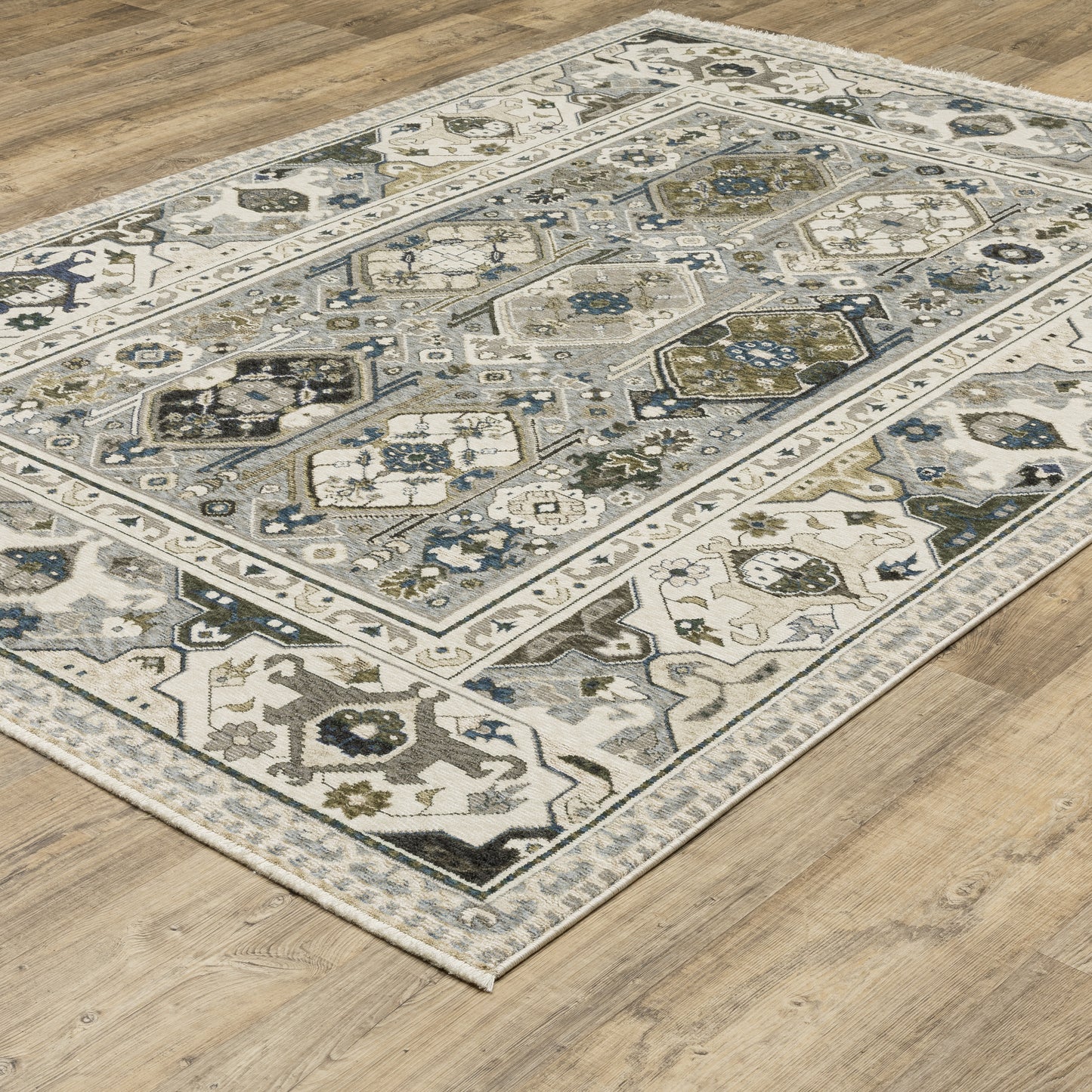 Hastings Floral Ivory/ Blue Geometric Cut Pile Rug