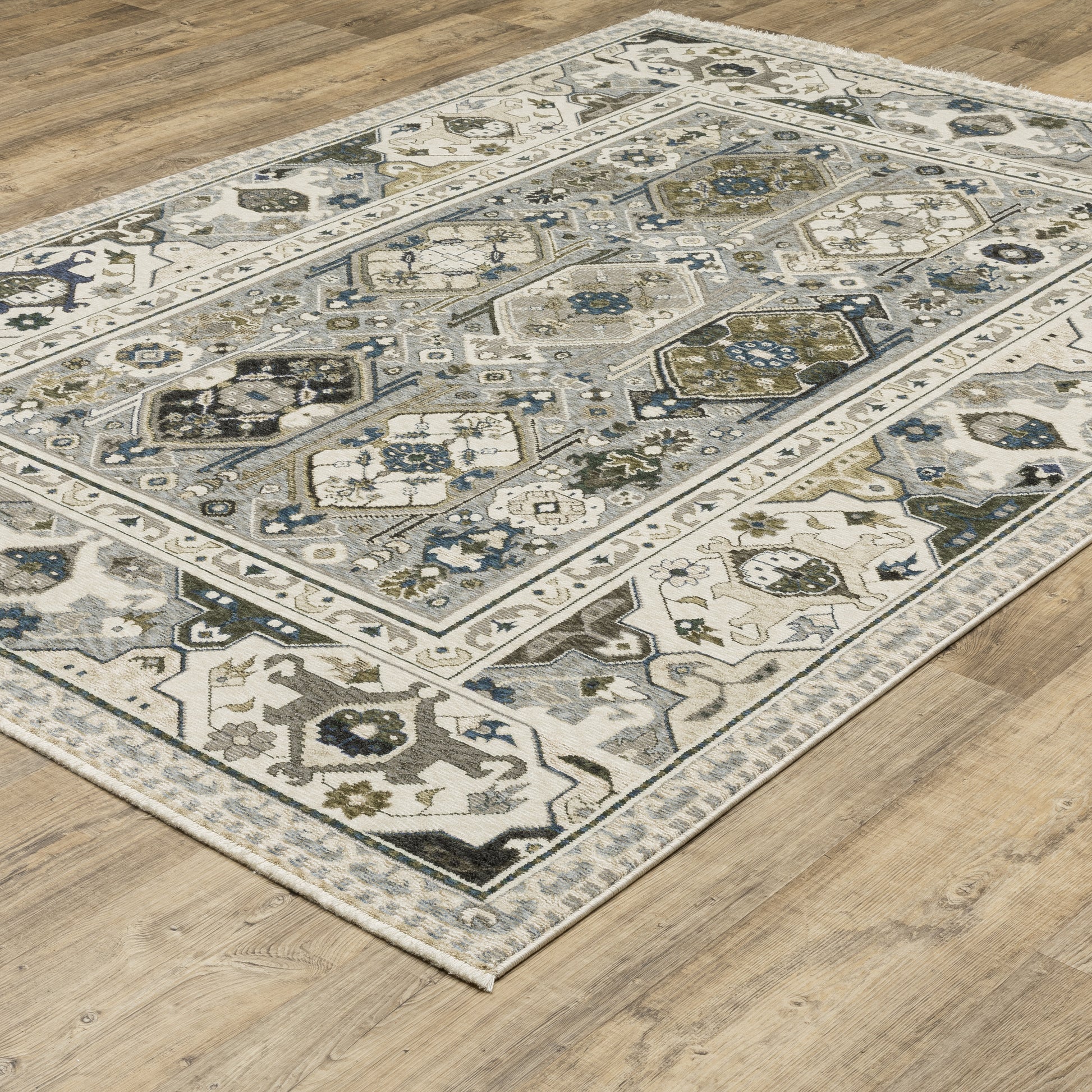 Hastings Floral Ivory/ Blue Geometric Cut Pile Rug
