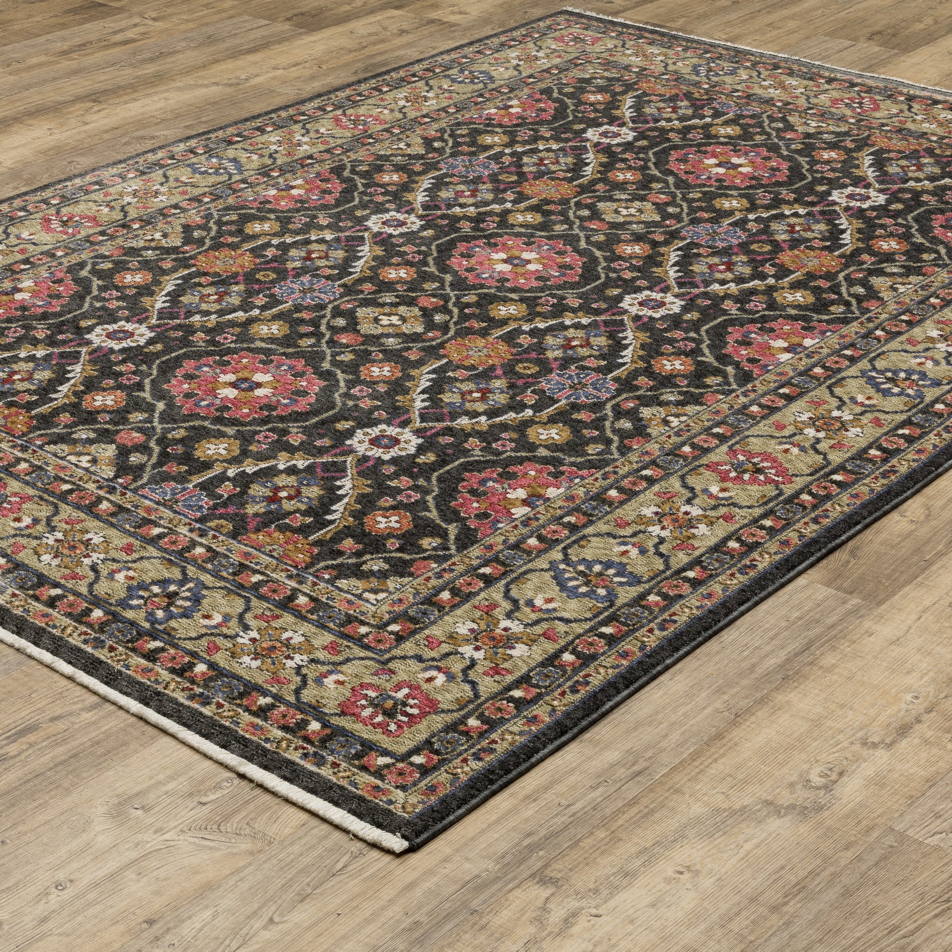 Hastings Floral Charcoal/ Pink Oriental Cut Pile Rug