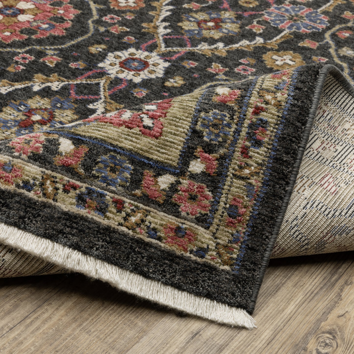 Hastings Floral Charcoal/ Pink Oriental Cut Pile Rug