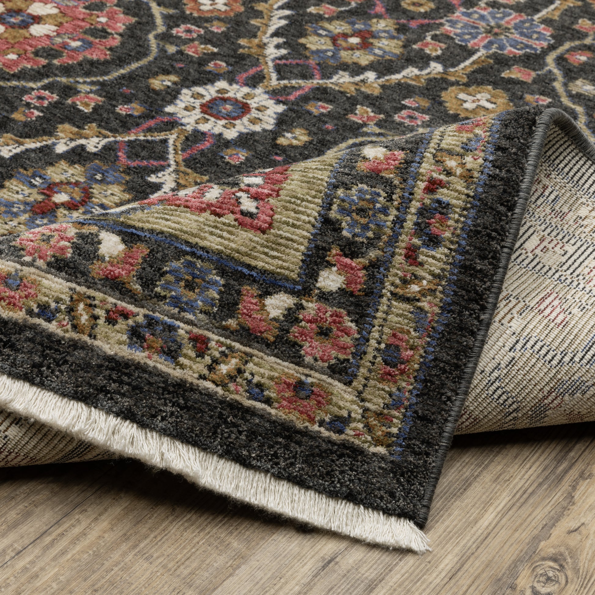 Hastings Floral Charcoal/ Pink Oriental Cut Pile Rug