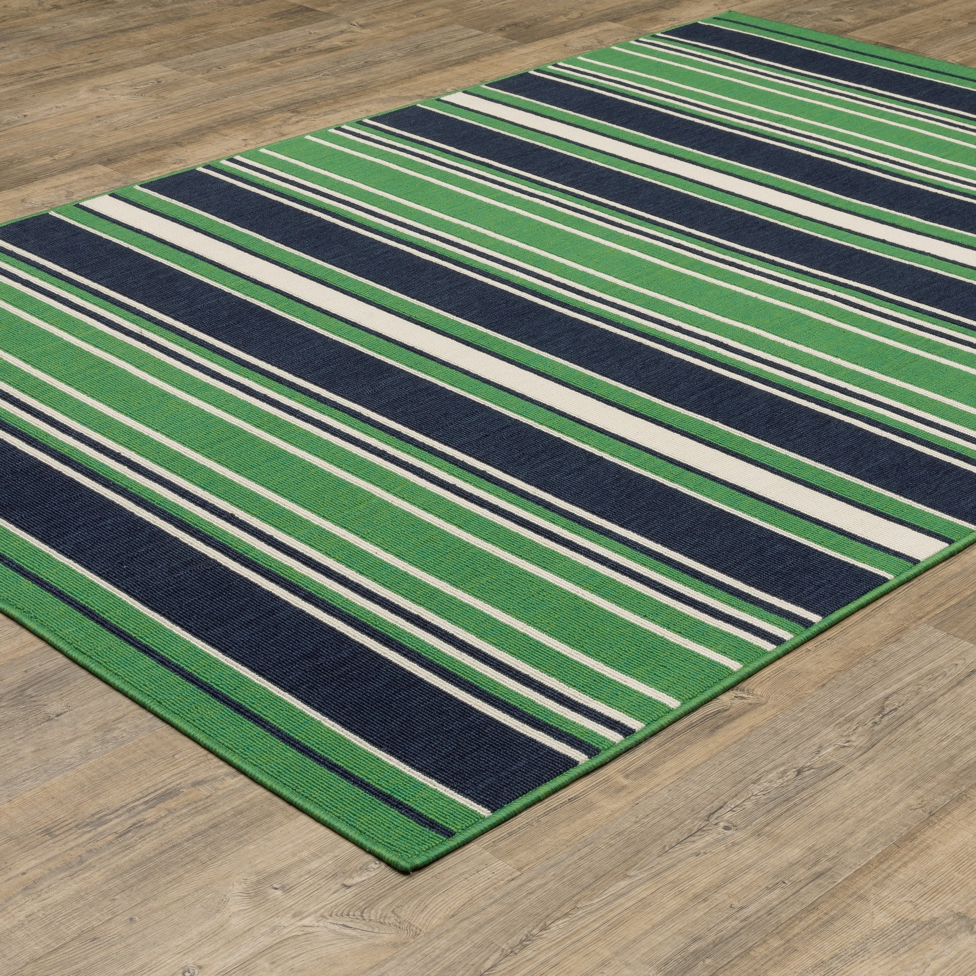 Havana Stripe Green/ Navy Outdoor Loop Pile Rug