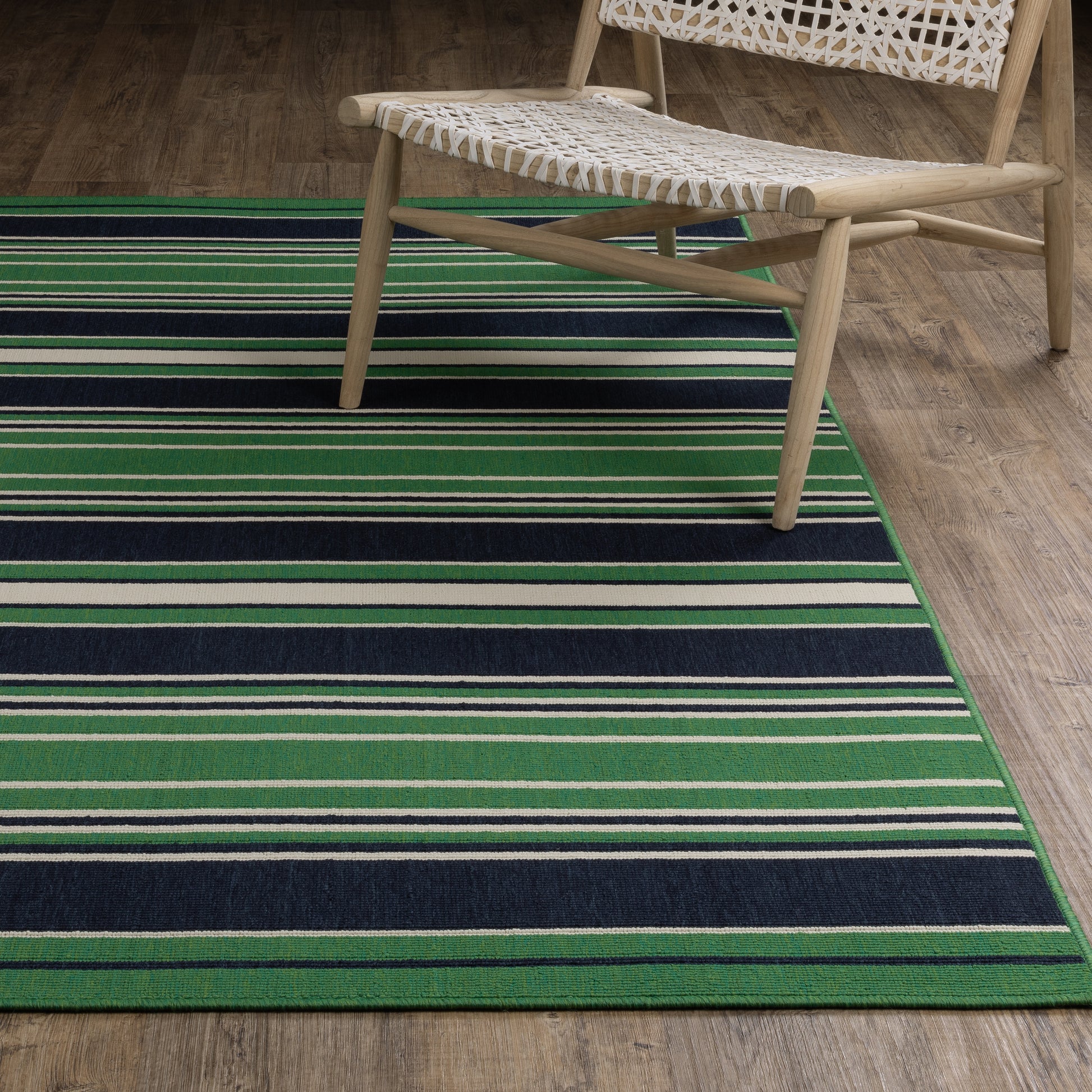 Havana Stripe Green/ Navy Outdoor Loop Pile Rug
