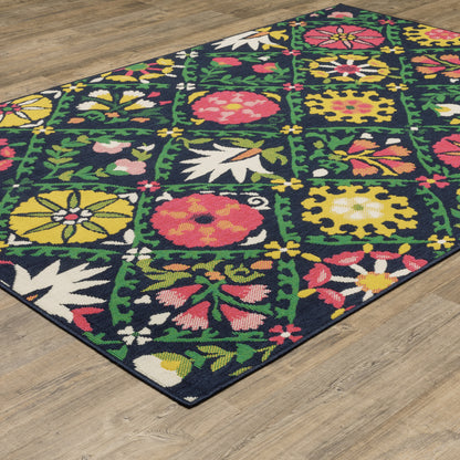 Havana Lattice Navy/ Multi Floral Loop Pile Rug
