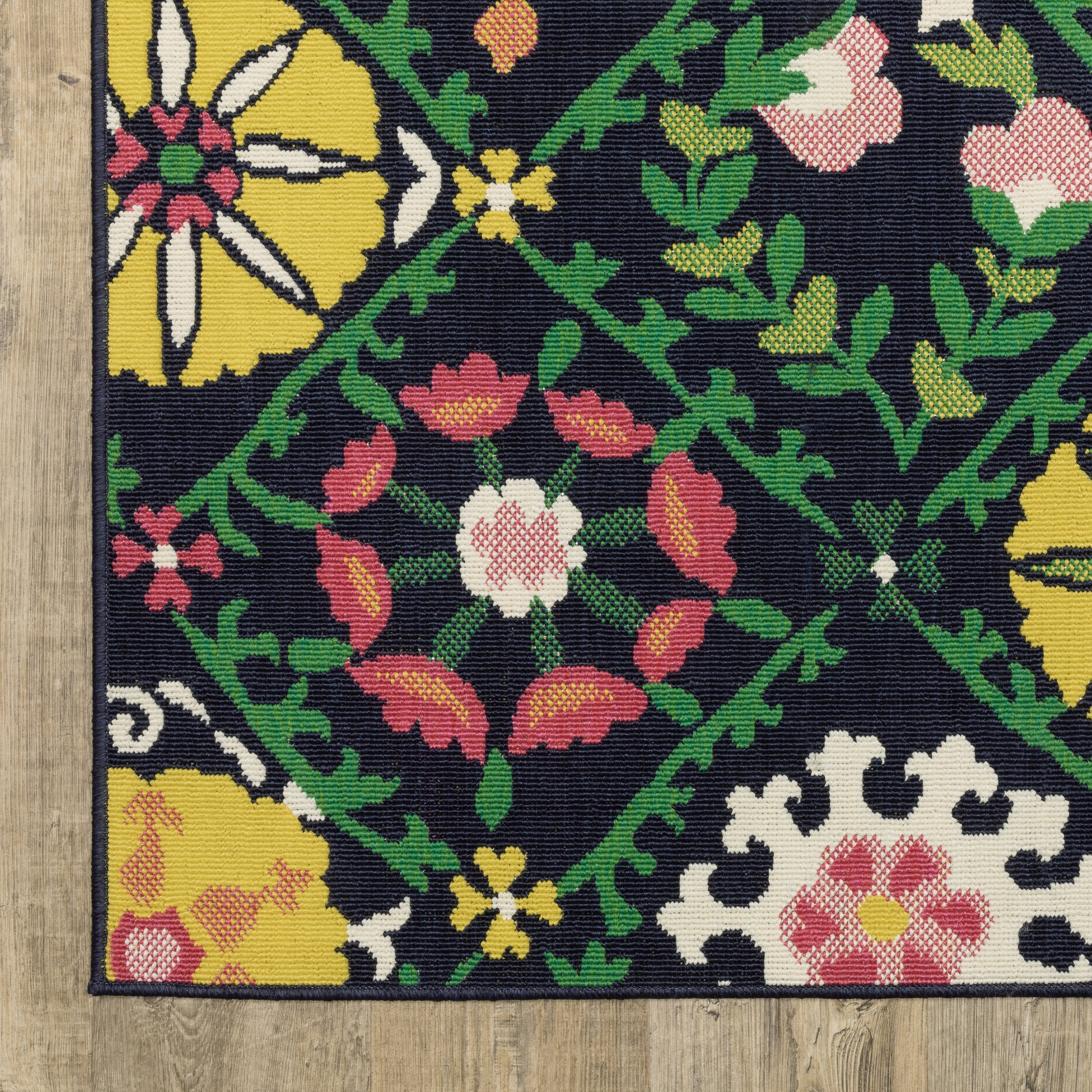 Havana Lattice Navy/ Multi Floral Loop Pile Rug