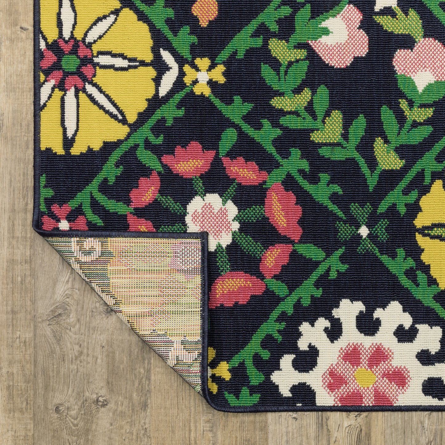 Havana Lattice Navy/ Multi Floral Loop Pile Rug