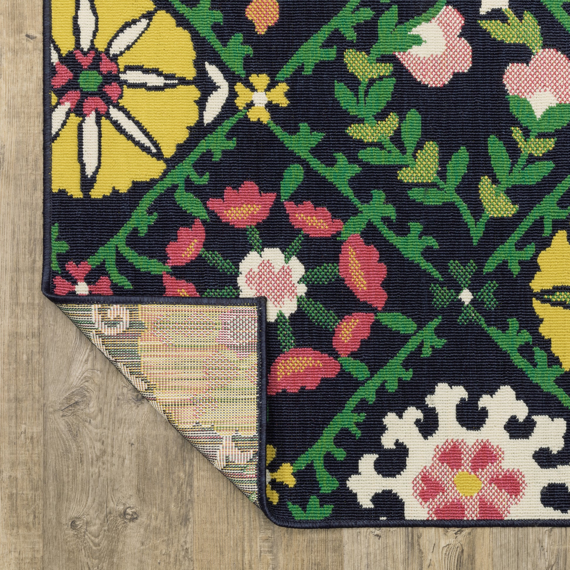 Havana Lattice Navy/ Multi Floral Loop Pile Rug