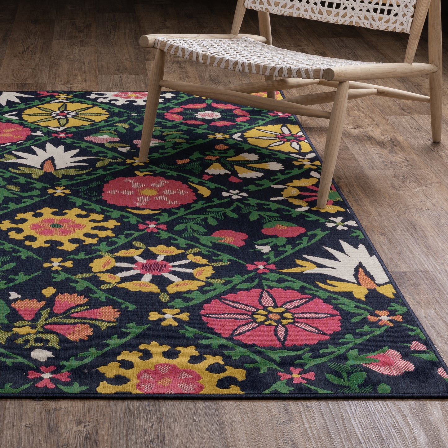 Havana Lattice Navy/ Multi Floral Loop Pile Rug