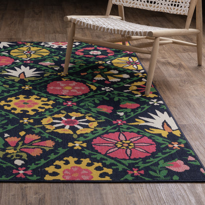 Havana Lattice Navy/ Multi Floral Loop Pile Rug