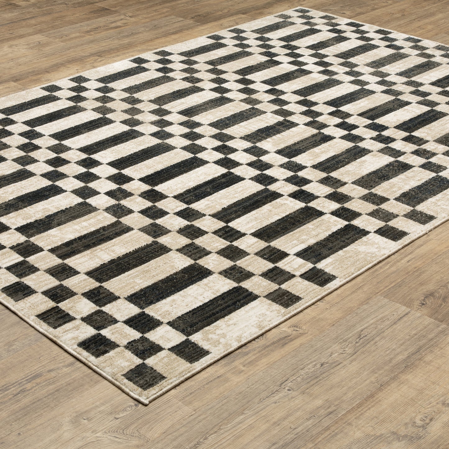 Hunter Geometric Beige/ Black Stripe Cut Pile Rug