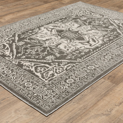 Intrigue Medallion Grey/ Ivory Oriental Cut Pile Rug