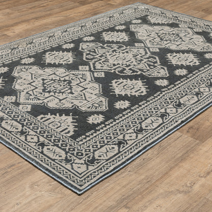 Intrigue Medallion Blue/ Beige Oriental Cut Pile Rug
