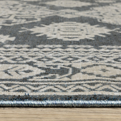 Intrigue Medallion Blue/ Beige Oriental Cut Pile Rug