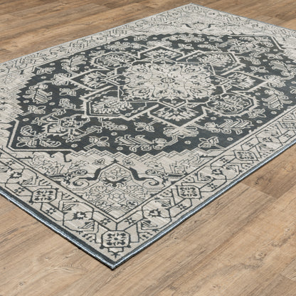 Intrigue Medallion Blue/ Beige Oriental Cut Pile Rug
