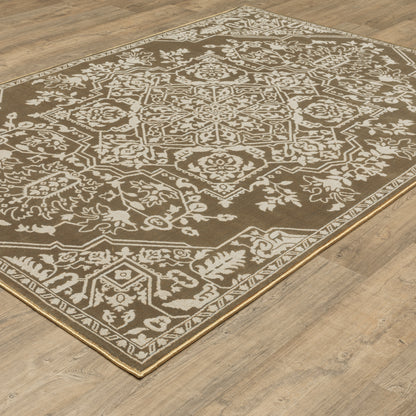 Intrigue Medallion Gold/ Beige Oriental Cut Pile Rug