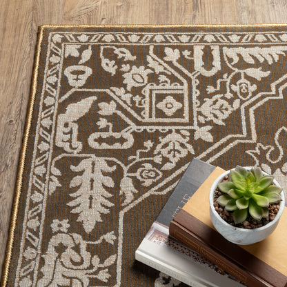 Intrigue Medallion Gold/ Beige Oriental Cut Pile Rug
