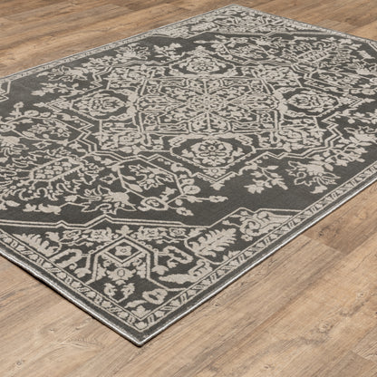 Intrigue Medallion Beige/ Grey Oriental Cut Pile Rug