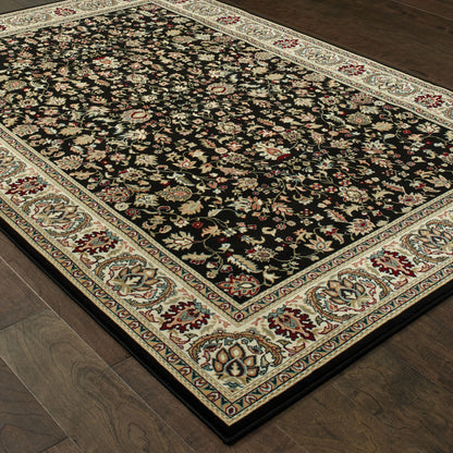Kashan Oriental Black/ Ivory Cut Pile Rug