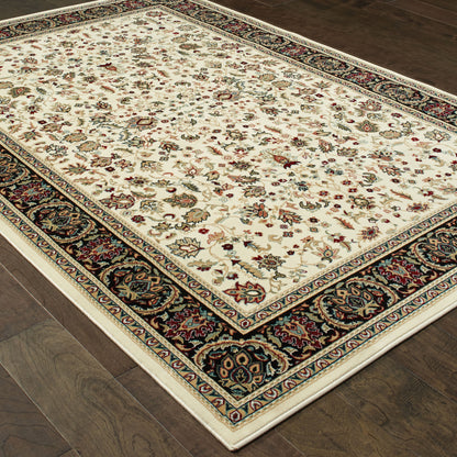 Kashan Oriental Ivory/ Black Cut Pile Rug