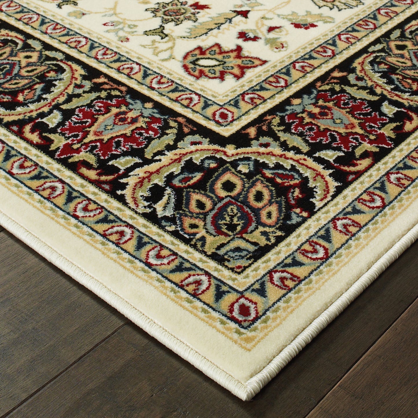Kashan Oriental Ivory/ Black Cut Pile Rug