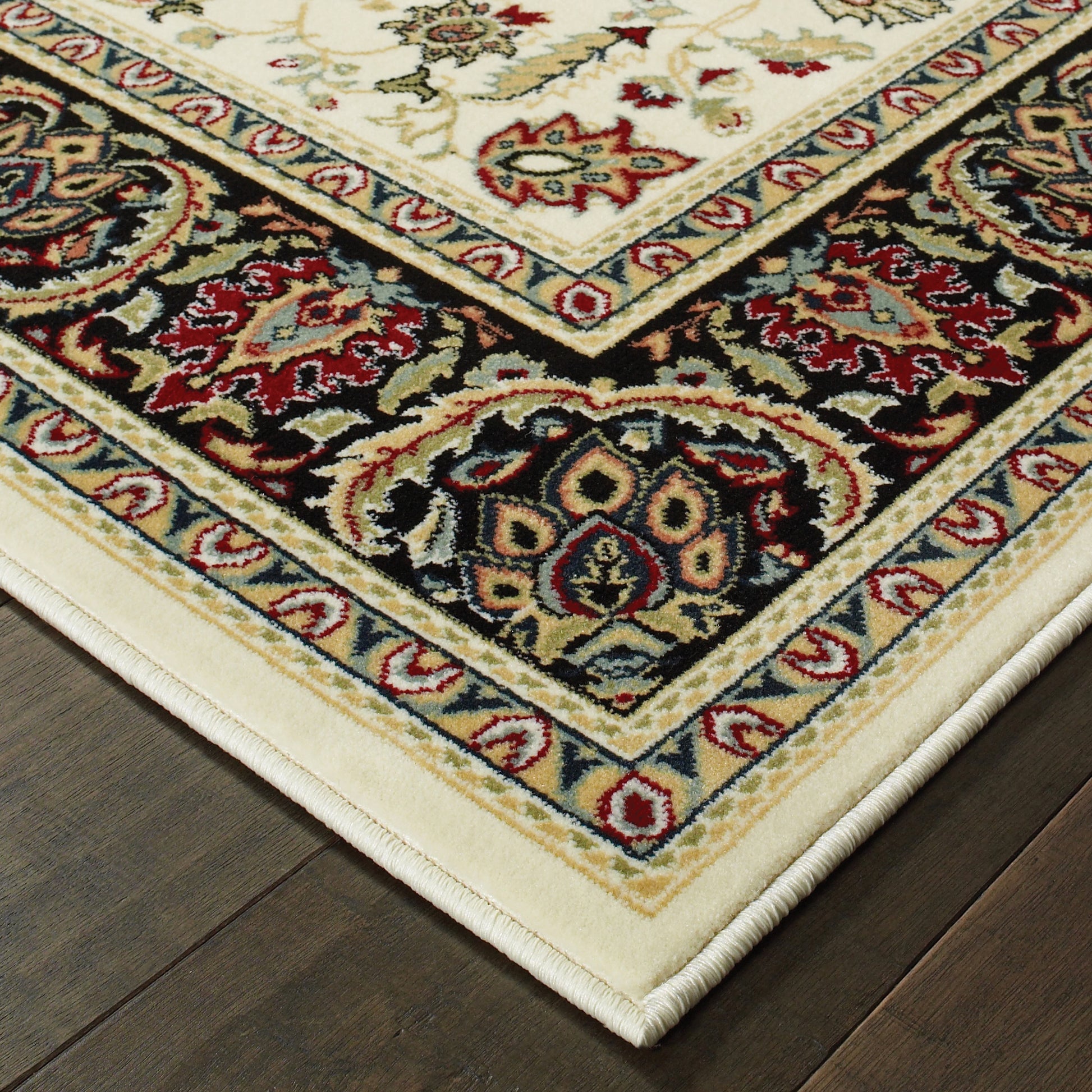 Kashan Oriental Ivory/ Black Cut Pile Rug