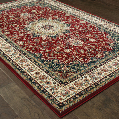 Kashan Medallion Red/ Ivory Oriental Cut Pile Rug