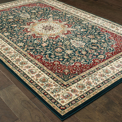 Kashan Medallion Navy/ Ivory Oriental Cut Pile Rug