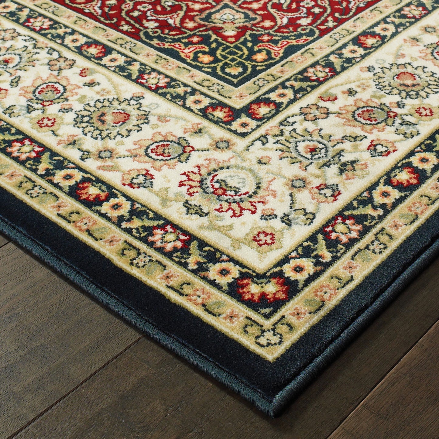 Kashan Medallion Navy/ Ivory Oriental Cut Pile Rug
