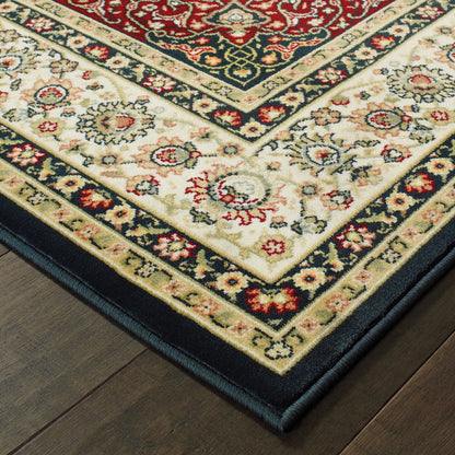Kashan Medallion Navy/ Ivory Oriental Cut Pile Rug