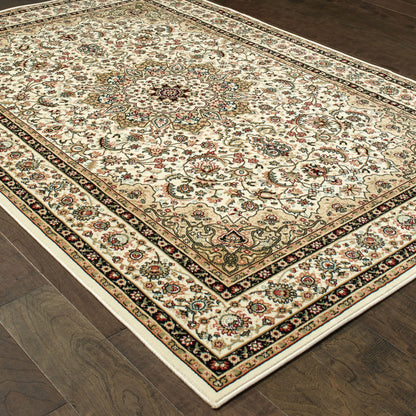 Kashan Medallion Ivory/ Beige Oriental Cut Pile Rug