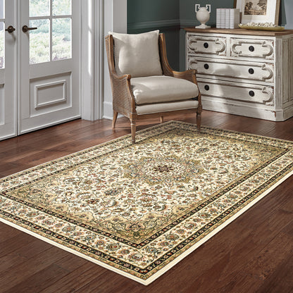 Kashan Medallion Ivory/ Beige Oriental Cut Pile Rug