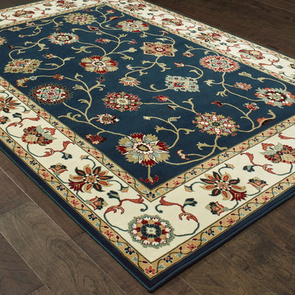Kashan Floral Navy/ Ivory Oriental Cut Pile Rug