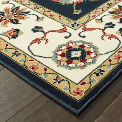 Kashan Floral Navy/ Ivory Oriental Cut Pile Rug