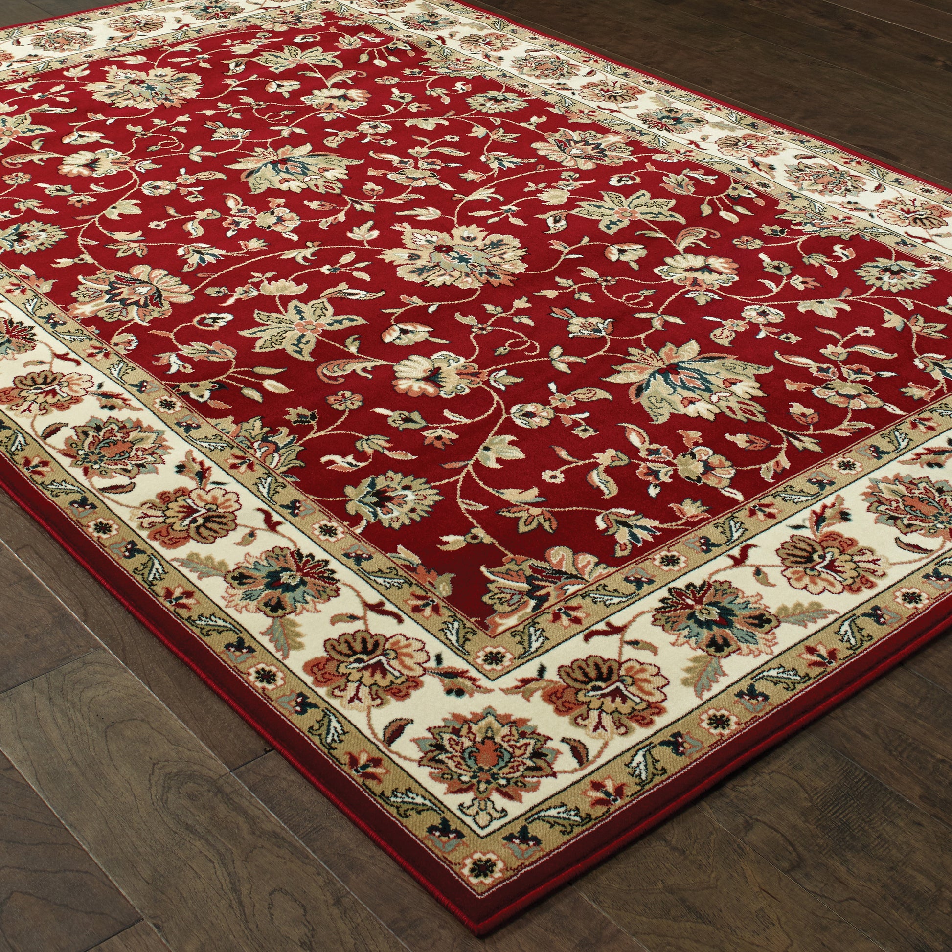 Kashan Floral Red/ Ivory Oriental Cut Pile Rug