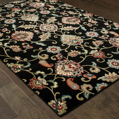 Kashan Oriental Black/ Multi Floral Cut Pile Rug