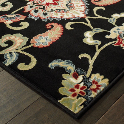 Kashan Oriental Black/ Multi Floral Cut Pile Rug