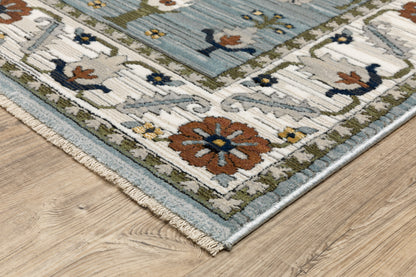 Keira Floral Blue/ Green Oriental Cut Pile Rug