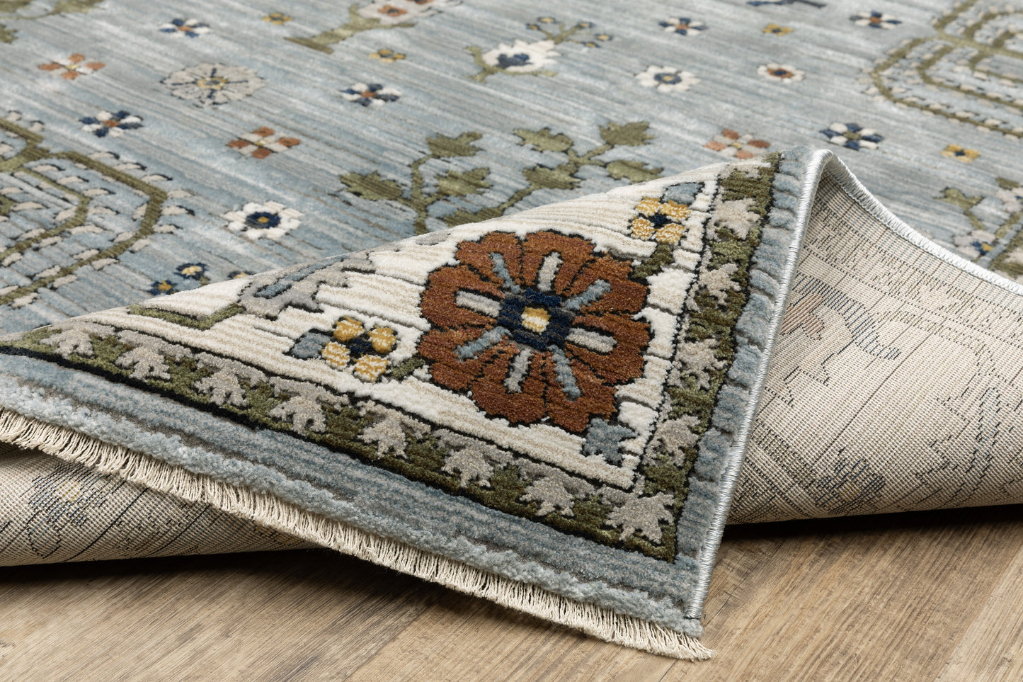 Keira Floral Blue/ Green Oriental Cut Pile Rug