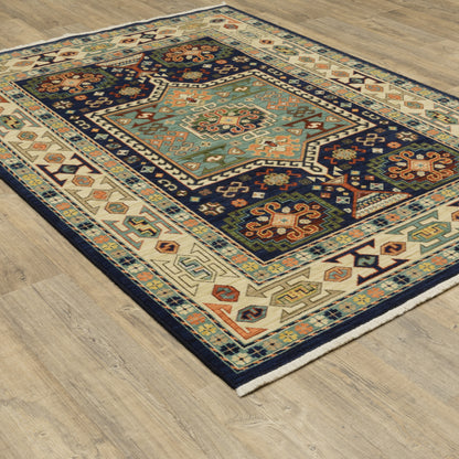 Lilihan Medallion Blue/ Ivory Oriental Cut Pile Rug