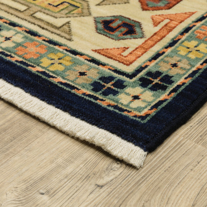 Lilihan Medallion Blue/ Ivory Oriental Cut Pile Rug