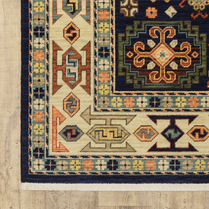 Lilihan Medallion Blue/ Ivory Oriental Cut Pile Rug