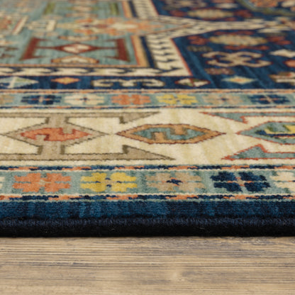 Lilihan Medallion Blue/ Ivory Oriental Cut Pile Rug