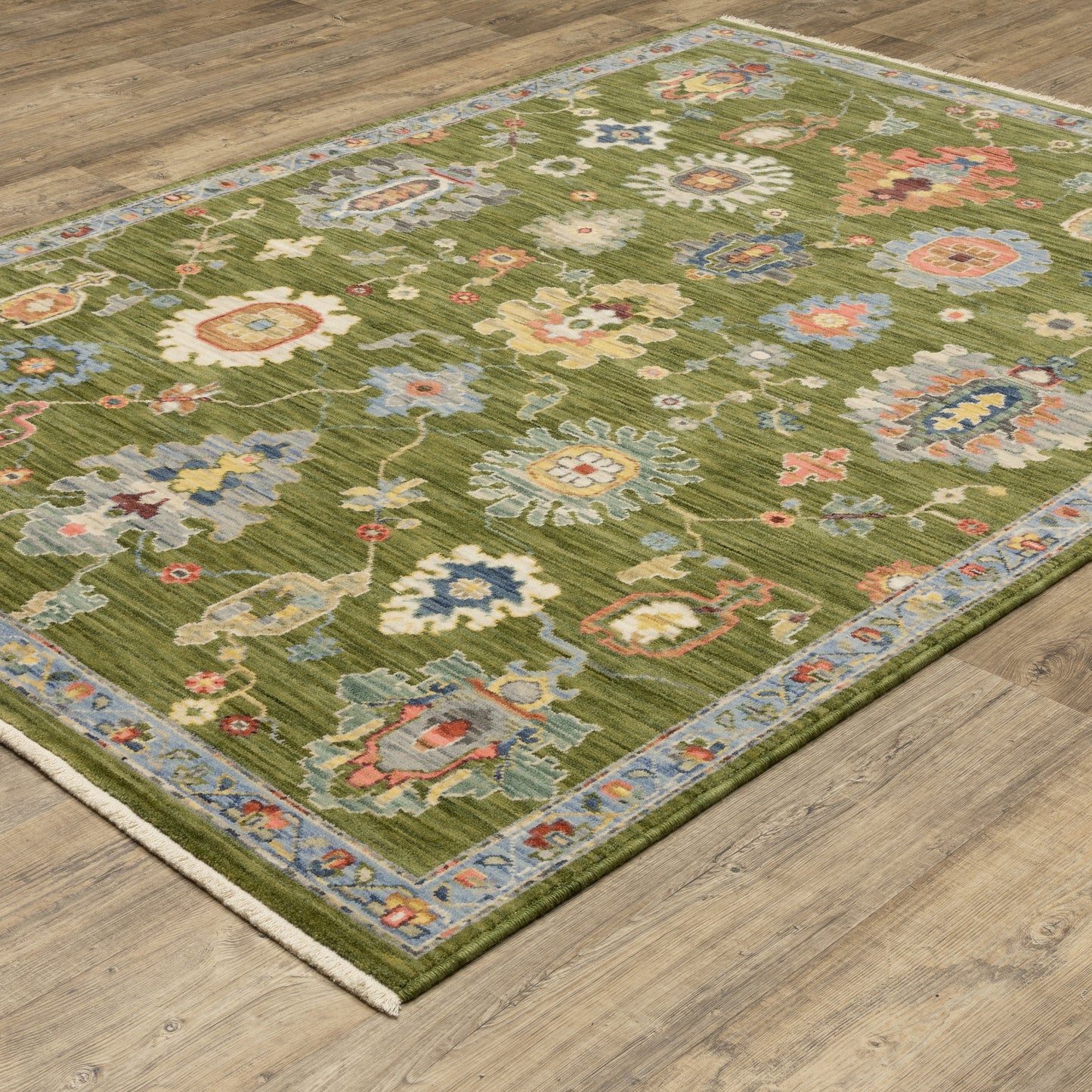 Lucca Floral Green/ Multi Oriental Cut Pile Rug