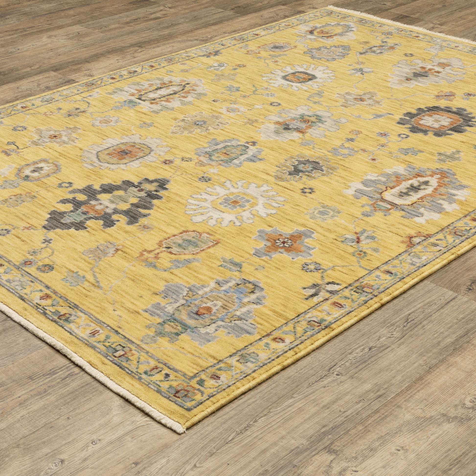 Lucca Floral Yellow/ Multi Oriental Cut Pile Rug